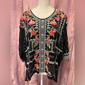 Johnny Was Floral Embroidered Black Top